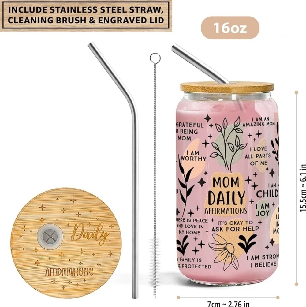 Mom Daily Affirmations Glass Tumbler with Straw